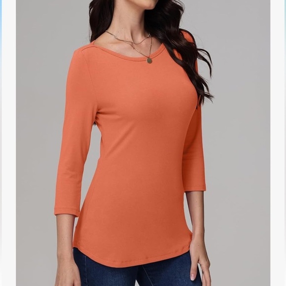 NEW 3/4 Length Sleeve Shirts Boat Neck Slim Fit Casual T-Shirts Basic Tees - Picture 2 of 7